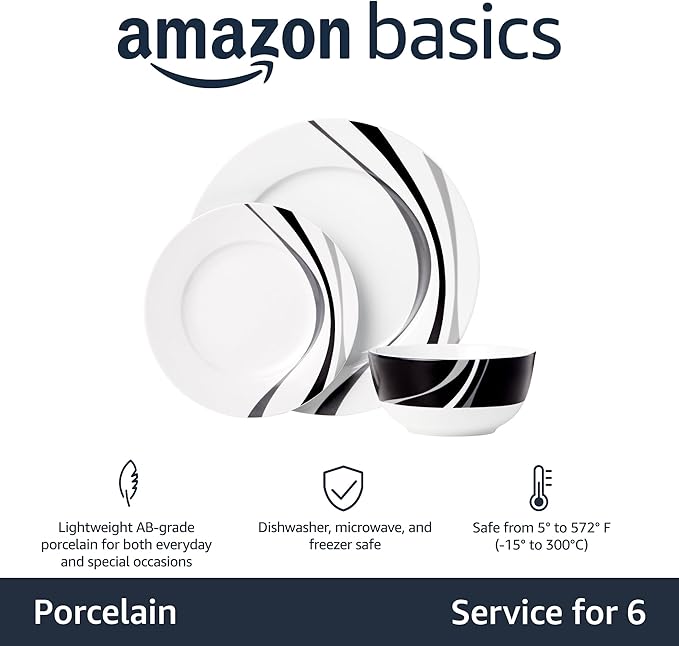 Amazon Basics Dinnerware Set, Microwave and Dishwasher Safe, Service for 6, 18-Piece Complete Kitchen, Plates, Dishes, Bowls, Swirl