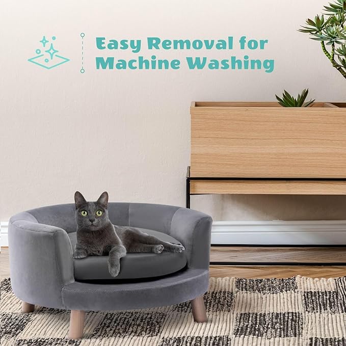 CRITTER SITTERS 28-In. Faux-Velvet Gray Dog Couch for Small to Medium-Sized Dogs, Modern and Stylish Elevated Dog Bed, Durable and Comfortable Pet Beds