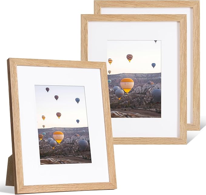 Marsmiles 8x10 Wooden Picture Frame, USA-Sourced Natural Oak Solid Wood Photo Frame with Plexiglass for Display Pictures 5x7 with Mat or 8x10 without Mat, Natural, 3 Pack