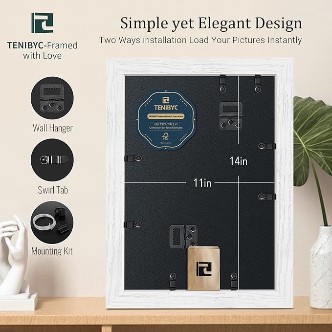 11x14 Picture Frame 4 Pack - White Solid Wood Poster Photo Frame - Tempered Glass - Woodgrain Series - Room, Office, Gallery, Studio Display - Wall Hanging