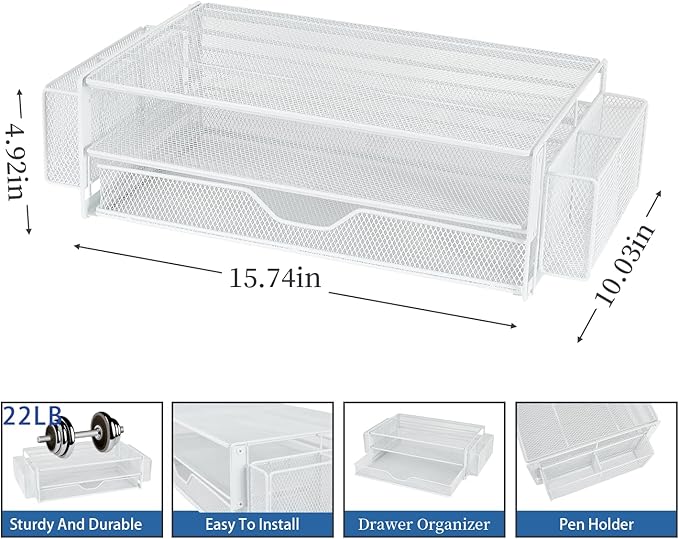 AUPSEN Computer Monitor Stands Riser，2-Tier Desk Organizers and Accessories, Office Desk Accessories Organizer with Drawers and 2 Pen Holder for Office Supplies (White)