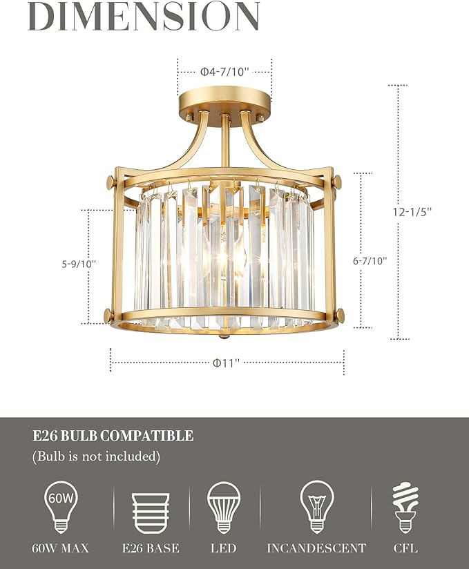 Crystal Semi Flush Mount Chandelier, 11'' Gold Ceiling Light, Modern Flush Mount Light Fixture for Bedroom Kitchen Laundry Entryway, CL4832-1W-PG