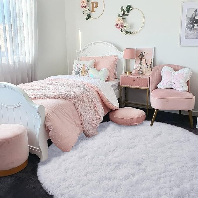 Round Rugs 5Ft White Circle Area Rug, Fluffy Fuzzy Bedroom Carpets for Kids Playroom Home Decor Aesthetic, Plush Soft Shaggy Living Room Rugs for Nursery Dorm Classroom, Modern Cute Shag Furry Carpet