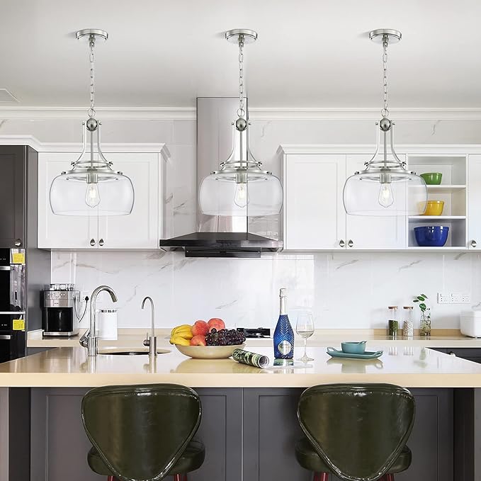 WUZUPS Chandelier Rustic Farmhouse Industrial Round Ceiling Pendant LED Light Fixture with Clear Glass Shades for Dining Room Kitchen Island Foyer Entryway, H 17" x W 13.4", E26 Base, Brushed Nickel