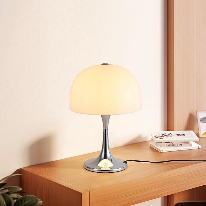 Modern Sleek Table Lamp for Bedroom, 3-Light LED End Desk Lamp for Living Room, Office, Milky White Acrylic Shade Metal Mushroom Table Lamp for Bedside Night Light Desk, Chrome Base