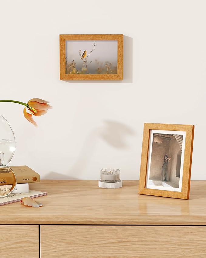 Marsmiles 4x6 Wooden Picture Frame, USA-Sourced Natural Oak Solid Wood Photo Frame with Plexiglass for Display Pictures 3x5 with Mat or 4x6 without Mat, Teak, 3 Pack