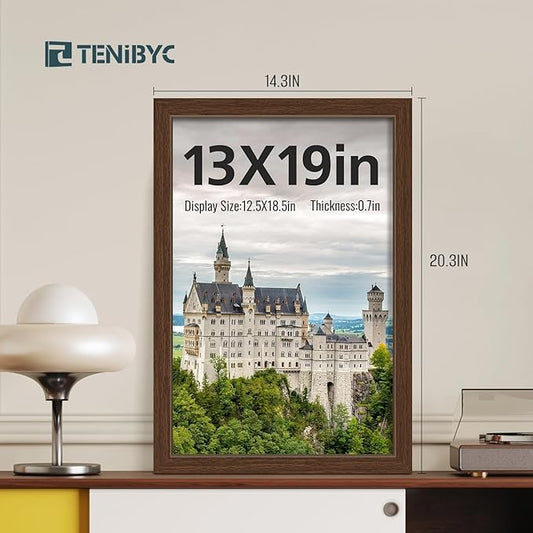 13x19 Picture Frame Set of 4, Textured Brown Wood & HD Tempered Glass, 19x13 Frame Display Posters, Photos and Puzzles, Wall Hanging