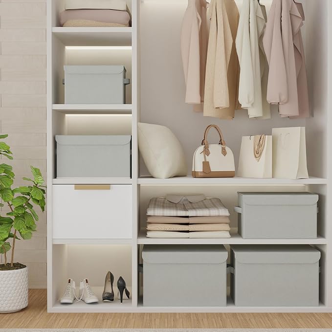 Foldable Storage Bin, Cube Organizer Basket with Flip-Top Lid and 2 Handles, Decorative Boxes for Shelves with Cover for Clothes, Towels, Blanket, 4 Pack, Grey, 13 x 9 x 7.9 In, XSNY12GM-4