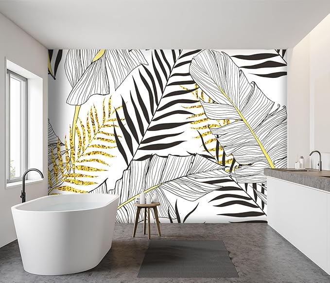 -Black and Gold Tropical Botanical Banana Leaf Fabric Wallpaper Living Room Bedroom Bathroom Abstract Plant Wall Mural- 91"x65"（ not Peel and Stick）