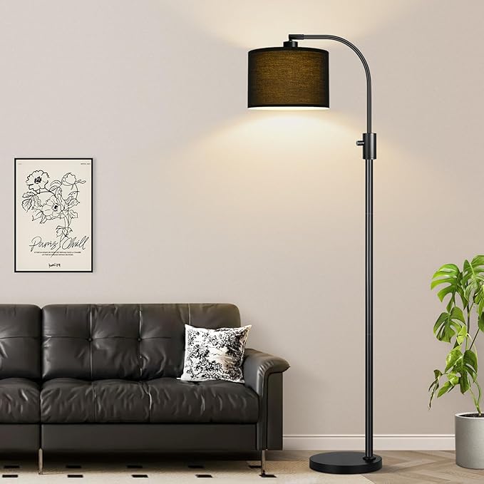 【Upgraded】 Dimmable Black Floor Lamp, 1200 Lumens LED Bulb Included, Arc Floor Lamps for Living Room Modern Standing Lamp with Black Shade, Tall Lamp for Living Room Bedroom Office Reading Room Office