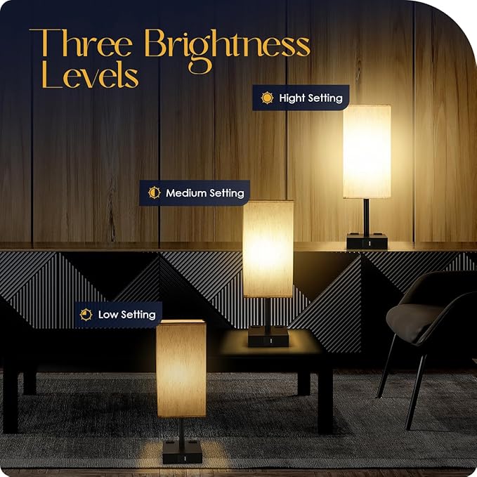 Bedside Table Lamps Set of 2 - Touch Nightstand Lamp for Bedroom with USB C+A Charging Ports & AC Outlets, 3-Way Dimmable Desk Lamp Flaxen Fabric Shade for Living Room Office(Bulb Included)