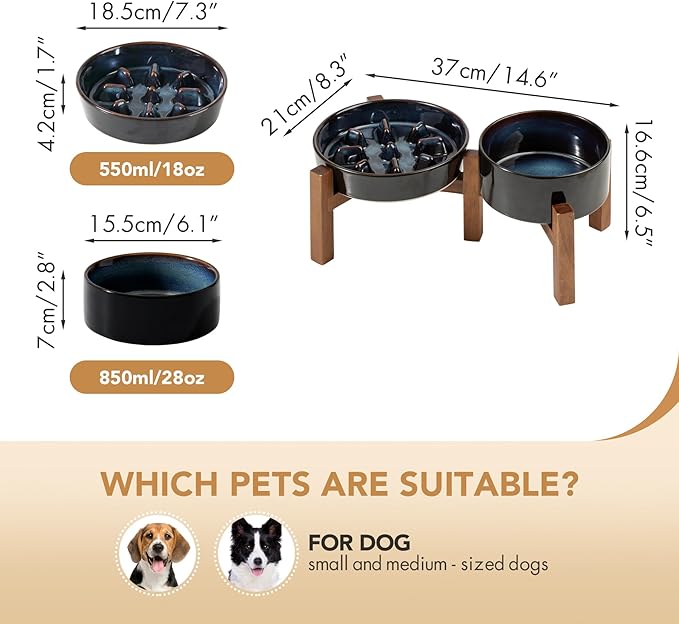 Ceramic Raised Slow Feeder Dog Bowl Set, Elevated 6.1inch Bowl and 7.3inch Slow Feeder Dish with Acacia Wood Stand for Small and Medium Dog, Stop Bloat(2X Starry Sky+ Stand)