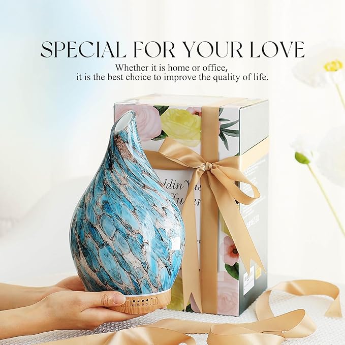 Porseme 280ml Essential Oil Diffuser Glass Color Changing Aroma Air Diffusers Aromatherapy Ultrasonic Cool Mist Humidifier with Remote Control 7 Running Hours Waterless Auto-Off (Light Blue)