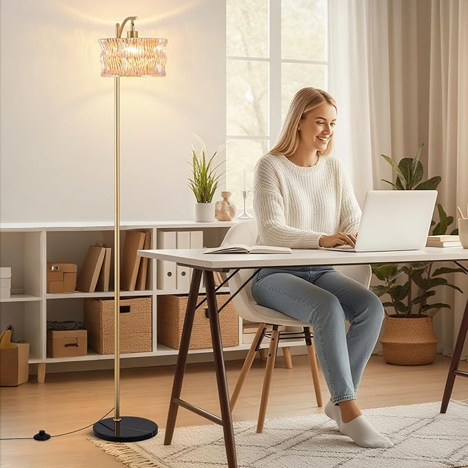 Vintage Gold Floor Lamp for Living Room, Amber Glass Lampshade Modern Standing Lamp with Remote, Mid Century Dimmable Tall Lamp for Bedroom, Study Room (Bulb Included)