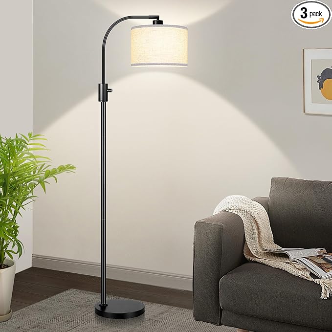 [Upgraded] Dimmable Black Floor Lamp, 1200 Lumens LED Edison Bulb Included, Arc Floor Lamp for Living Room Modern Standing Tall Floor Lamps with Linen Shade for Bedroom Office Reading Room Nursery