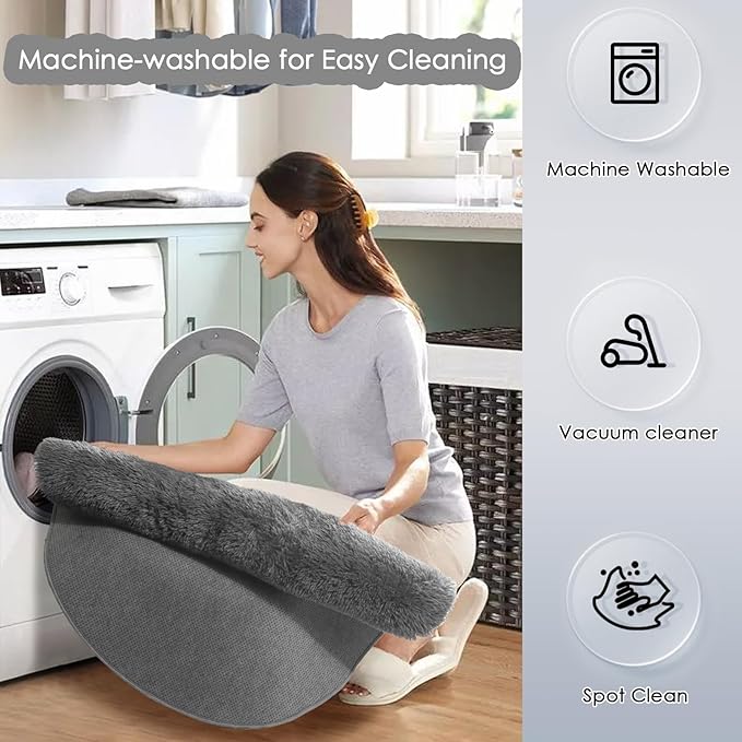 Grey Round Rugs 5Ft for Living Room Bedroom Aesthetic, Fluffy Fuzzy Shag Shaggy Circle Area Rug for Kids Room Decor, Furry Soft Plush Indoor Floor Gray Carpet for Baby Nursery Preppy Dorm Home Office