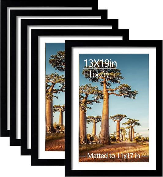 13x19 Picture Frame Set of 5, Black Poster Frame, Display Pictures 11 x 17 with Mat or 13 x 19 Without Mat for Horizontal or Vertical Wall Mounting, Wall Gallery Frame