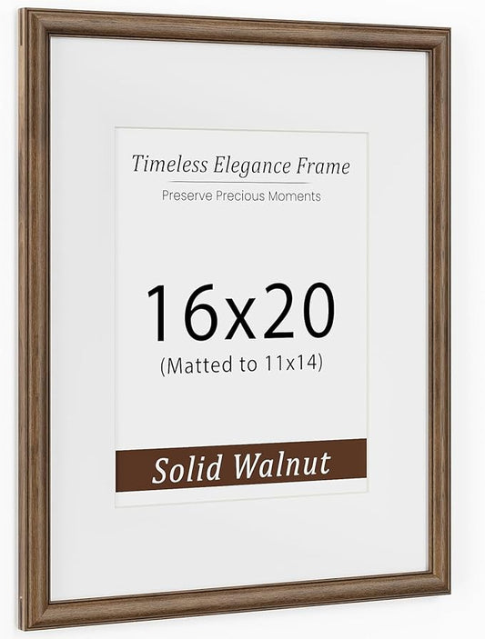 16x20 Picture Frame, USA-Sourced Walnut Wood Poster Frame with Tempered Glass, Display 11x14 with Mat, 16 by 20 Photo Frame for Vertical & Horizontal Display, Handcrafted Wood Frame, 1 Pack