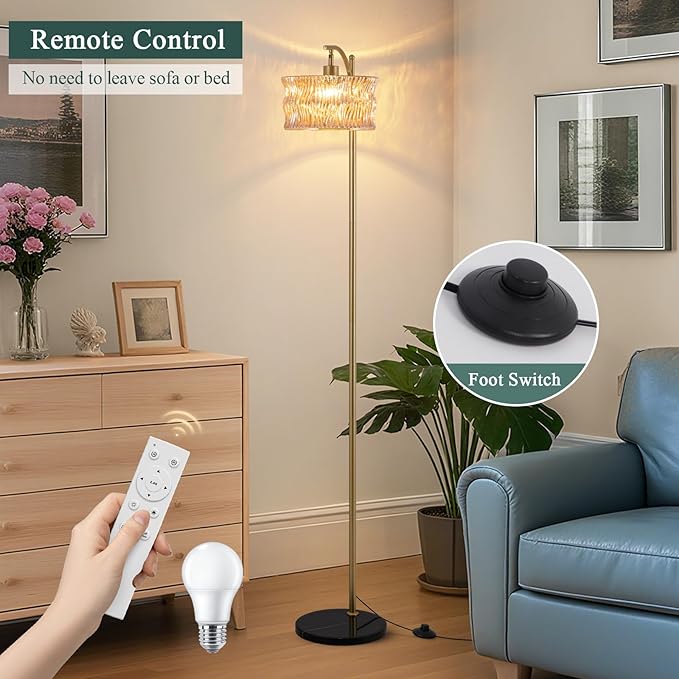 Vintage Gold Floor Lamp for Living Room, Amber Glass Lampshade Modern Standing Lamp with Remote, Mid Century Dimmable Tall Lamp for Bedroom, Study Room (Bulb Included)