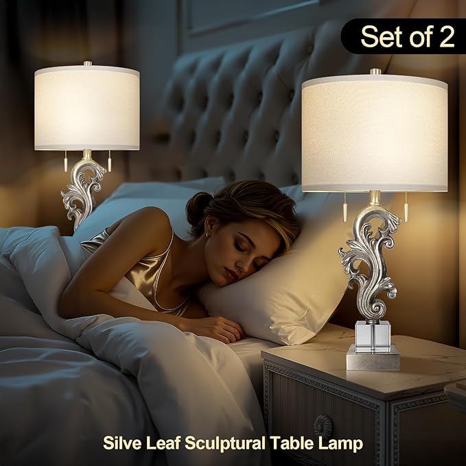 Scenekoy Table Lamp Set of 2 with USB Ports, Pull Chains Switch, 27” Silver Leaf Sculptural Bedside Lamps with Linen Shade for Living Room Bedroom, Nightstand Lamps for Home Room Decor