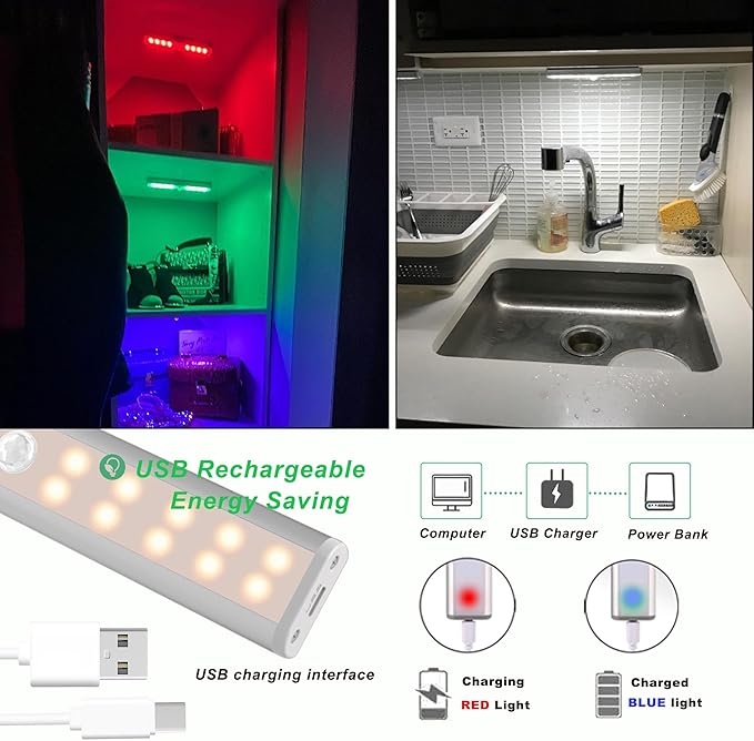 LDOPTO Under Cabinet Lighting Wireless with Remote, 48 LED Rechargeable Lights, Kitchen Counter Lights Dimmable, RGB Bar for Shelf, Car, Hallway, 15 Color Changing, 6 Pack