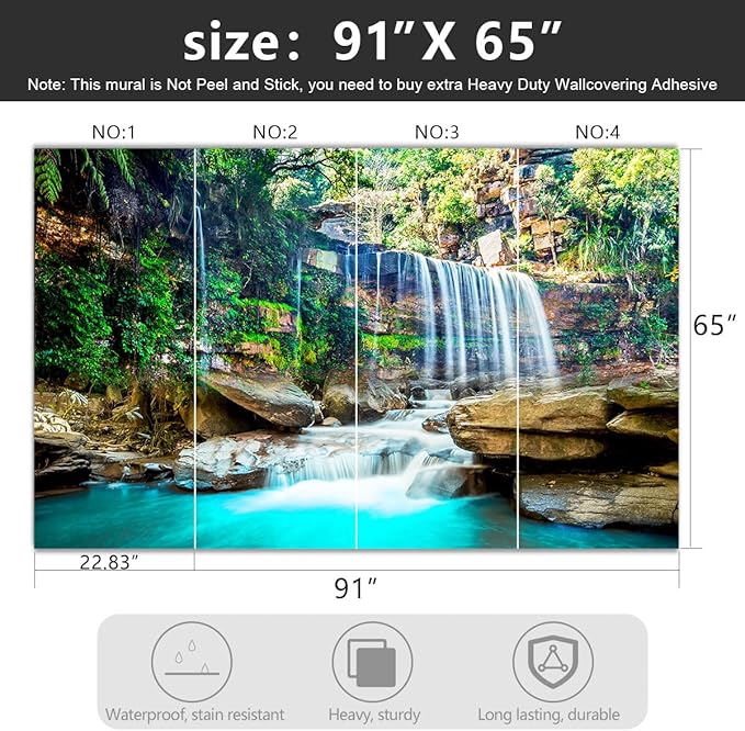 -Green Lake Waterfall Scenery Fabric Wallpaper Living Room Woodland Forest Mountain Bedroom Bathroom Wall Mural- 91"x65"（ not Peel and Stick）