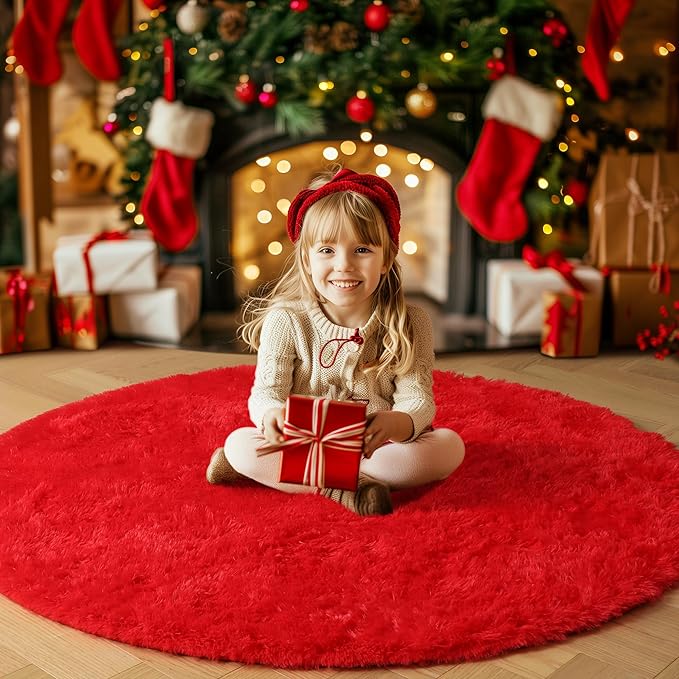 Red Circle Round Rug 7Ft for Living Room Bedroom, Large Fluffy Shag Area Rugs for Kids Room Decor Aesthetic, Fuzzy Plush Fur Carpets for Nursery Classroom, Red Carpet, Indoor Furry Rugs for Teen Boys