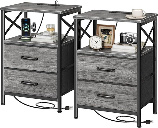 Huuger Nightstands Set of 2, Night Stand with Charger Station, 2 Drawer Side Table with Open Shelf, USB-C Port, End Table for Small Spaces, X Shaped Side Rail, Grey