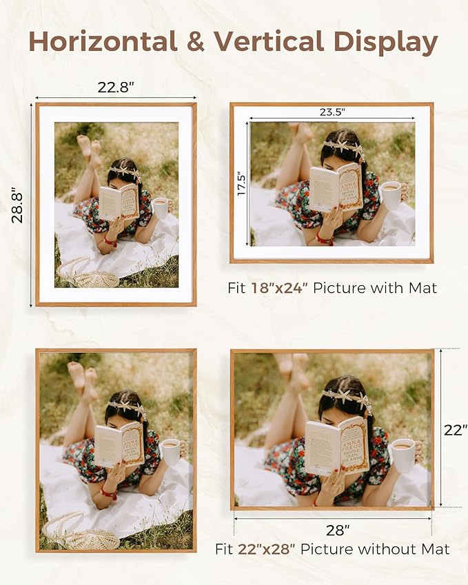 Marsmiles 22x28 Wooden Picture Frame, USA-Sourced Natural Oak Solid Wood Photo Frame with Real Glass for Display Pictures 18x24 with Mat or 22x28 without Mat, Teak, 1 Pack