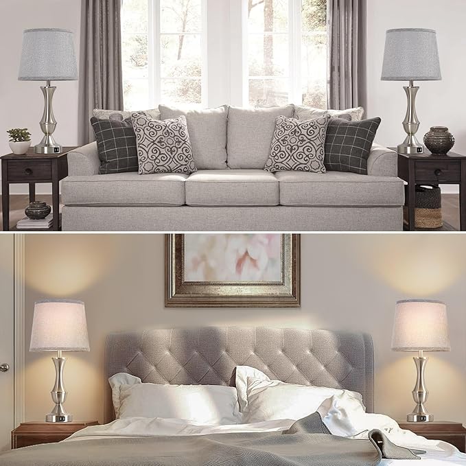 Touch Table Lamps Set of 2, 22" Tall Bedside Lamps, Nightstand Lamps with USB C+A Charging Ports, 3 Way Dimmable Lamp for Bedrooms, Living Room, Office, Silver Lamp with Grey Lampshade, Bulbs Included