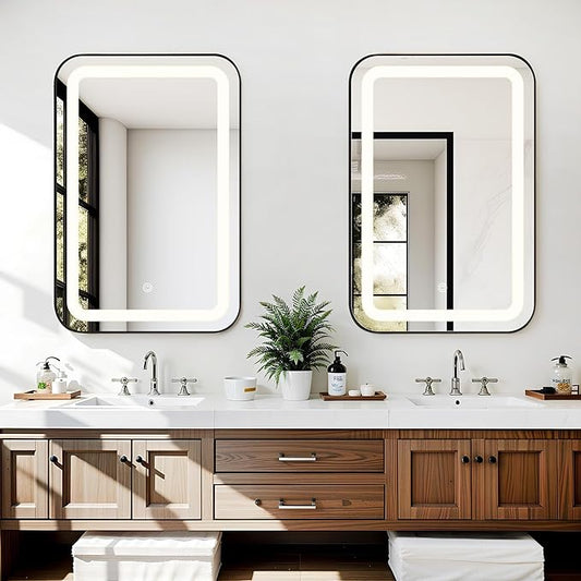 SogesHome Wall Mounted Mirror Medicine Cabinet 24"X16" with LED Lights, Rectangular Vanity Mirror Storage with Shelves, Modern Recessed Mirror Medicine Cabinet for Bathroom, Bedroom, Black