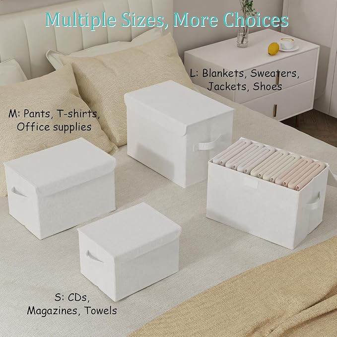 Foldable Storage Bin, Cube Organizer Basket with Flip-Top Lid and 2 Handles, Decorative Boxes for Shelves with Cover for Clothes, Towels, Blanket, 4 Pack, White, 13 x 9 x 7.9 In, XSNY12WM-4