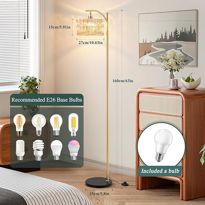 Vintage Gold Floor Lamp for Living Room, Amber Glass Lampshade Modern Standing Lamp with Remote, Mid Century Dimmable Tall Lamp for Bedroom, Study Room (Bulb Included)