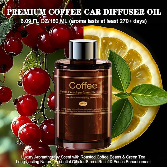Car Air Freshener Refill for Men & Women 6.09 FL OZ /180ML-9 Month Coffee Scent Essential Oil Perfume, Essential Oil Made of Natural Plant Extracts, Compatible with Car Diffusers for Home/Office