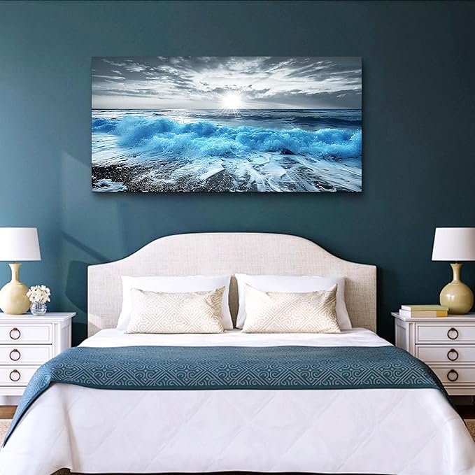 Lapremoly Framed Wall Art For Living Room Large Canvas Wall Decor For Office Blue Beach Painting Ocean Sea Waves Wall Pictures Bedroom Home Decorations Prints Posters Mural Artwork Ready to hang