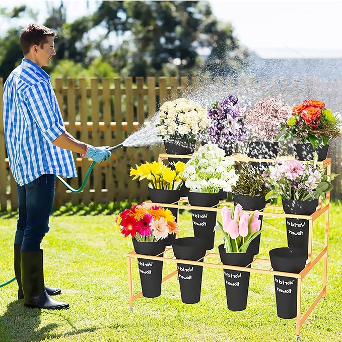 Flower Display Stand With 12PCS Buckets, 3 Layers Metal Plant Stand with Wheels, Heavy Duty Moving Plant Cart Shelf, for Indoor, Outdoor Patio Garden, Living Room, Florist (Black - Round Bucket)