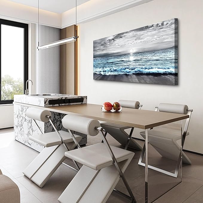 Lapremoly Black And White Beach Wall Painting - Canvas Wall Art For Living Room & Bedroom - Large Decor - Blue Ocean Sea Wave Landscape Pictures Artwork Posters Home Decor