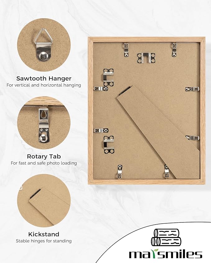 Marsmiles 8.5x11 Wooden Picture Frame, USA-Sourced Natural Oak Solid Wood Photo Frame with Plexiglass for Display Pictures 6x8 with Mat or 8.5x11 without Mat, Natural, 3 Pack