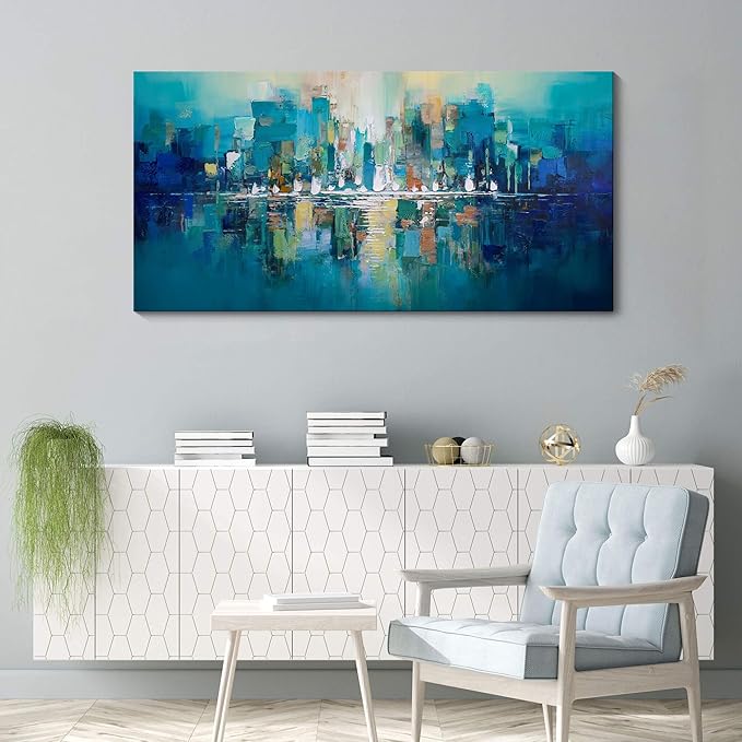 YDYSUNE Abstract Wall Art - Teal Canvas Wall Decor City Picture,Large Modern Artwork for Living Room Bedroom Office Decoration Green Home Decor Painting Size 24X48inch