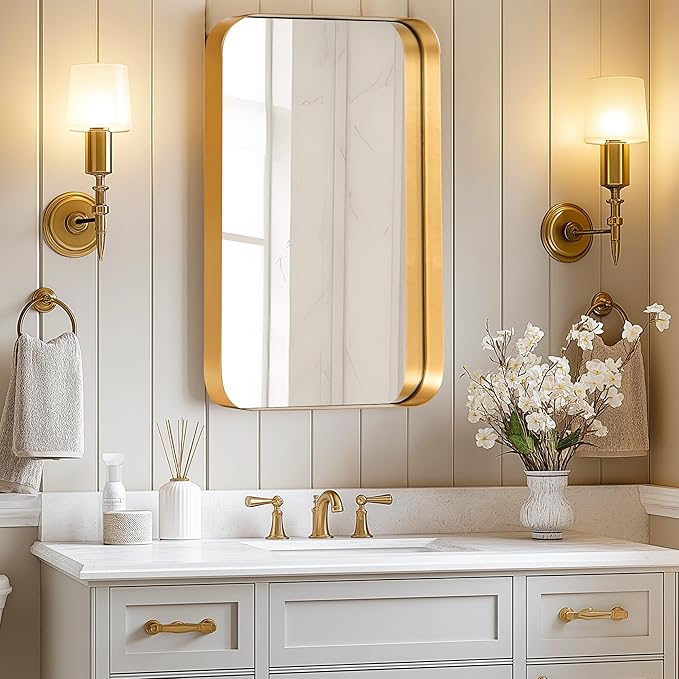 SogesHome Bathroom Medicine Cabinet with Mirror, 16x24 Gold Medicine Cabinet, Stainless Steel Frame and 2 Shelves, Wall Mounted Vanity Mirror with Storage for Bathroom