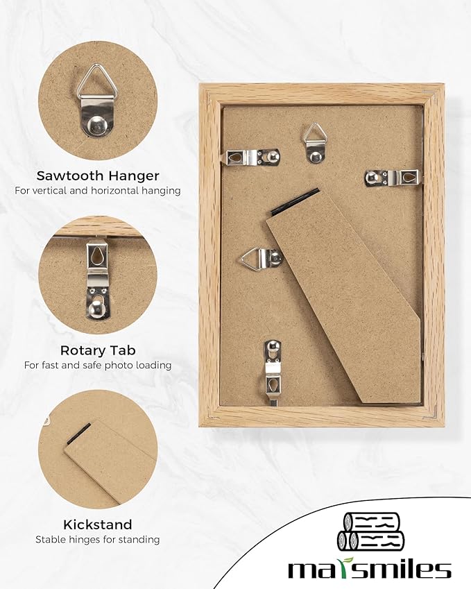 Marsmiles 4x6 Wooden Picture Frame, USA-Sourced Natural Oak Solid Wood Photo Frame with Plexiglass for Display Pictures 3x5 with Mat or 4x6 without Mat, Natural, 3 Pack