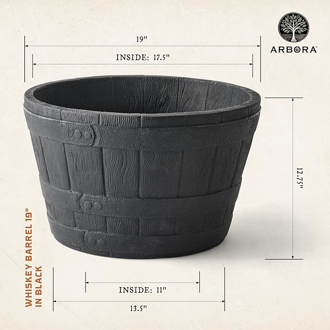 ARBORA 19" Whiskey Barrel Polyresin Indoor and Outdoor Planter with Textured Wood Finish - Durable, Weatherproof, Lightweight, Large Plant Pot for Patio, Garden, Deck, Entryway