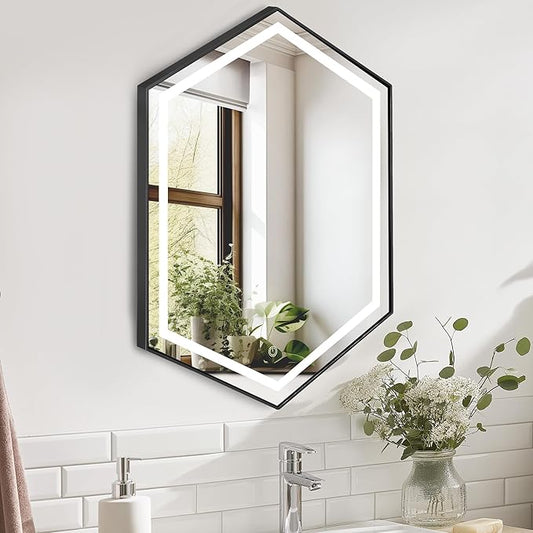 SogesHome Mirror Medicine Cabinet with 3-Color LED Lights, Hexagon Vanity Mirror Storage with 3-Tier Cabinet, Stainless Steel Frame and 2 Shelves for Bathroom, Bedroom, Entryway, Black