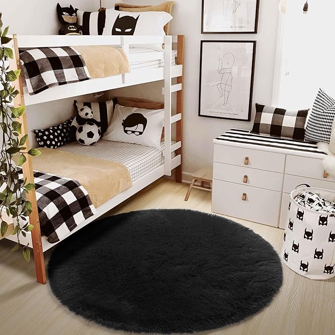 Black Small Round Rug 3Ft for Bedroom, Fluffy Circle Area Rugs for Living Room Decor Aesthetic, Shaggy Furry Circular Floor Carpet for Office Playroom Nursery Classroom, Modern Baby Kid Teen Boy Rug