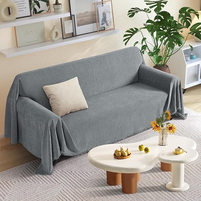 KinCam Couch Covers for 3-4 Cushion Couch Sofa Cover Washable Sectional Couch Cover for Dogs Tassel Sofa Blanket Cover Pet Friendly Soft and Durable for Most Furniture(71" x 150", Grey)