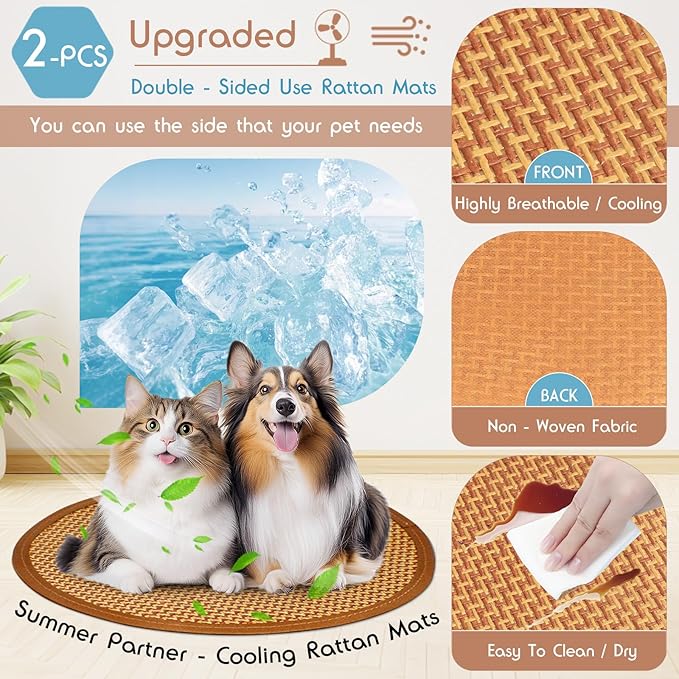 Calming Donut Dog Bed Medium Size Removable Cover + 2 PCS Cooling Rattan Pet Mat, Fluffy Comfort Anti-Anxiety Washable Round Pets Bed with Double-Sided Cool Pad for Medium Dogs/Cat, 31" Gray