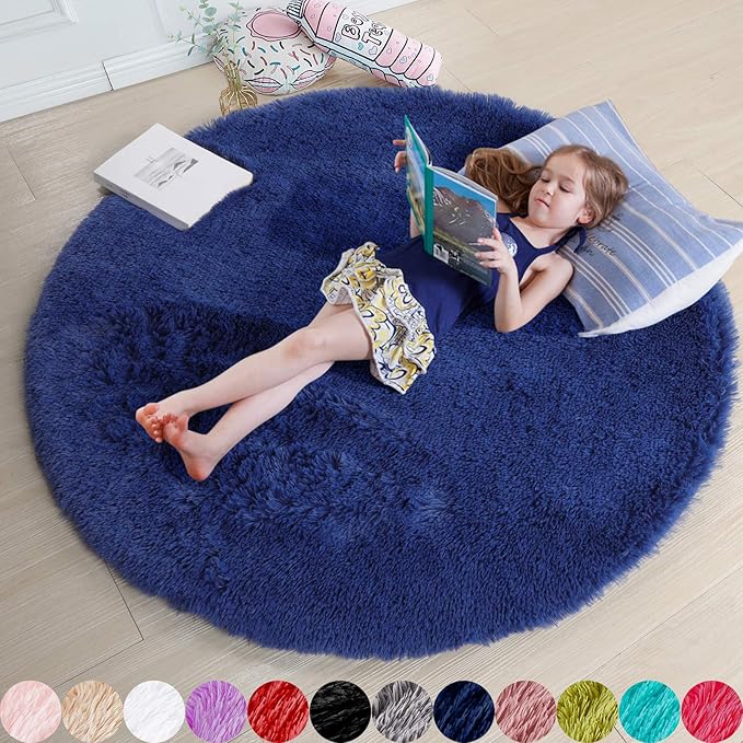 Navy Blue Round Rug 4Ft for Boys Room Bedroom, Washable Circle Area Rugs for Kids Room, Living Room Decor Aesthetic, Fluffy Shag Fur Throw Royal Dark Blue Carpet for Preppy Dorm Playroom Baby Nursery