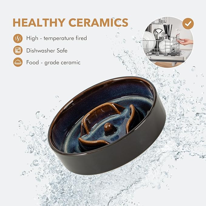 Ceramic 6.1inch Raised Slow Feeder Dog Bowl Set, Elevated Acacia Wood Stand for Small Dog and Cat, Slow Dish, Stop Bloat(Single Bowl+ Stand, Starry Sky)