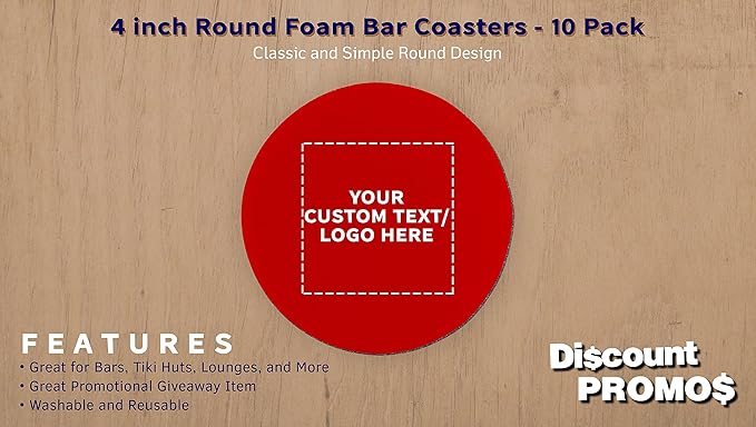 10 Round Foam Bud Coasters Pack, 4 inch - Customizable Text, Logo - PU Foam, Party Favor - Red