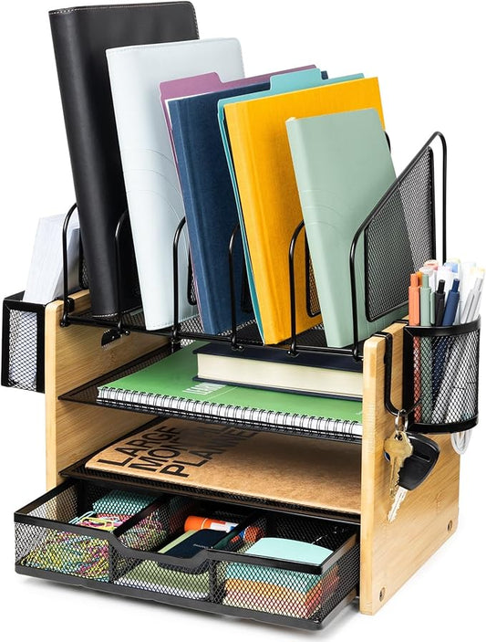 Heavy Duty Wooden Desk Organizer with Drawer - Wooden Desk Shelf for Storage & Organization - Office Tray for Files, Mail, and Supplies - Small Countertop Bookshelf with Letter Holder & Hooks